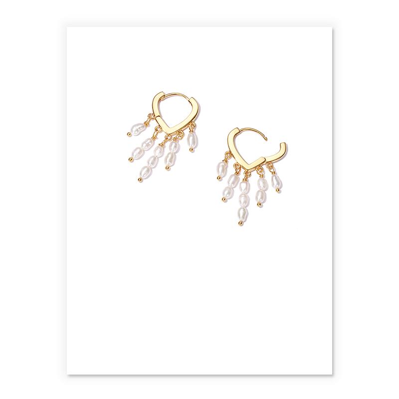 Dainty Pearl Tassel Drop Huggies In Gold