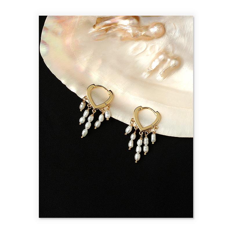 Dainty Pearl Tassel Drop Huggies In Gold