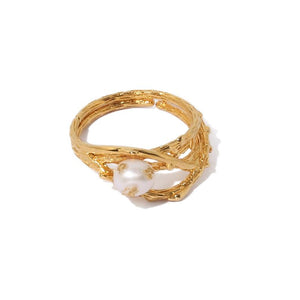 Thorns Layered Open Ring With Pearl With Gold Leaves