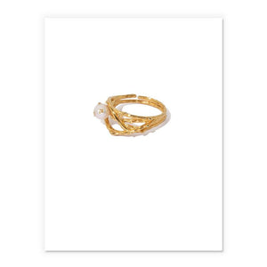 Thorns Layered Open Ring With Pearl With Gold Leaves