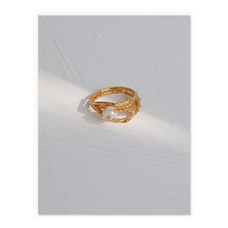 Thorns Layered Open Ring With Pearl With Gold Leaves