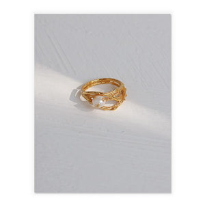 Thorns Layered Open Ring With Pearl With Gold Leaves